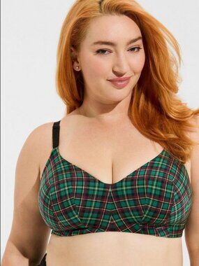 Torrid Perfect Coverage Lightly Lined Smooth Bra Green Red Plaid Festive Sz 44C